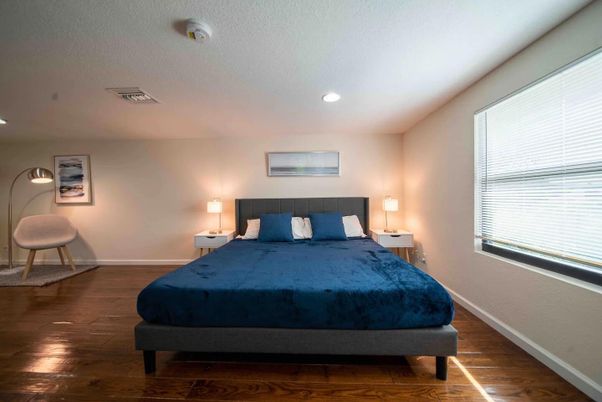 Bedroom, Interior, Recessed Lighting, Wood Texture Flooring