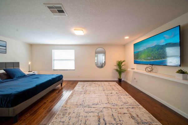 Bedroom, Interior, Recessed Lighting, Wood Texture Flooring