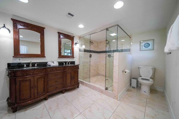 Bathroom, Dual Sink Vanities, Glass Shower, Interior, Recessed Lighting