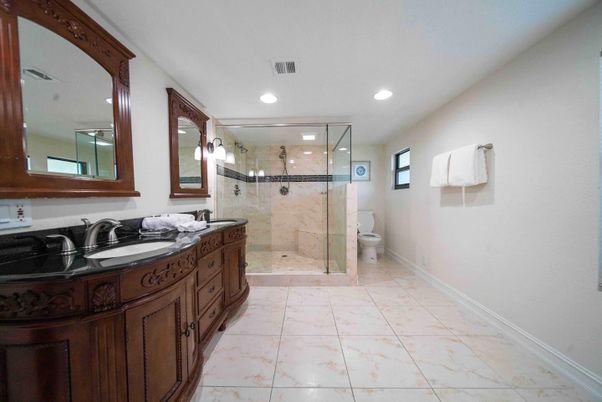 Bathroom, Dual Sink Vanities, Glass Shower, Interior, Recessed Lighting