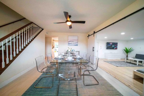 Dining room, Interior, Recessed Lighting, Wood Texture Flooring