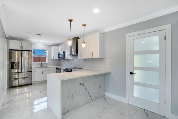 Interior, Kitchen, Marble, Pendant Lights, Recessed Lighting, Stainless Steel Appliances