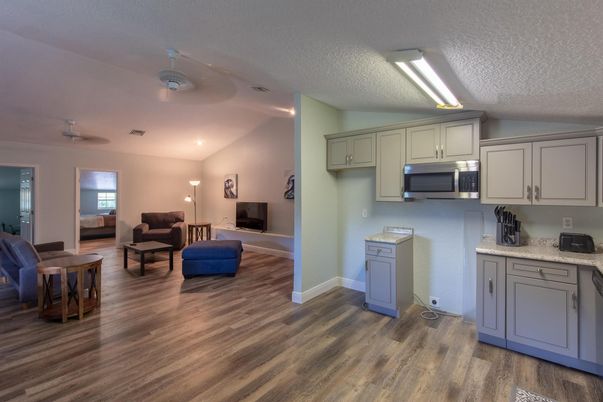 Interior, Kitchen, Living room, Recessed Lighting, Wood Texture Flooring