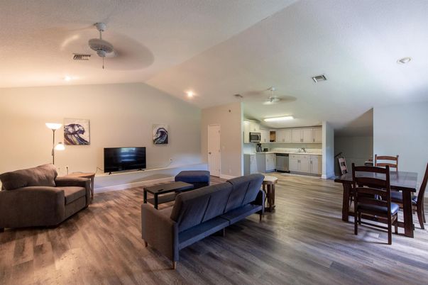 Dining room, Interior, Kitchen, Living room, Recessed Lighting, Wood Texture Flooring