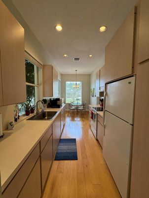 Dining room, Interior, Kitchen, Pendant Lights, Recessed Lighting, Wood Texture Flooring