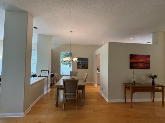 Chandelier, Dining room, Interior, Pendant Lights, Recessed Lighting, Wood Texture Flooring