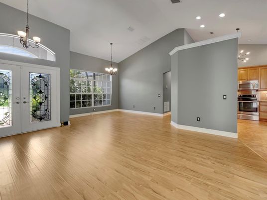 Chandelier, Empty room, Interior, Kitchen, Recessed Lighting, Wood Texture Flooring