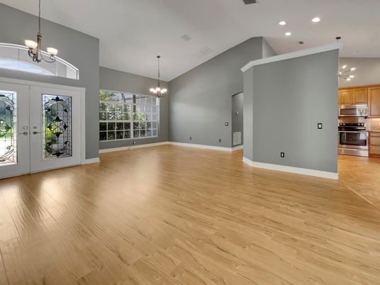 Chandelier, Empty room, Interior, Kitchen, Recessed Lighting, Wood Texture Flooring