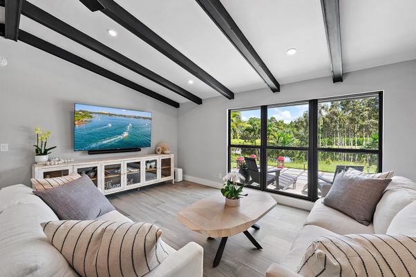 Interior, Living room, Recessed Lighting, Wooden Beams, Wood Texture Flooring
