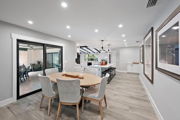 Dining room, Interior, Pendant Lights, Recessed Lighting, Wood Texture Flooring