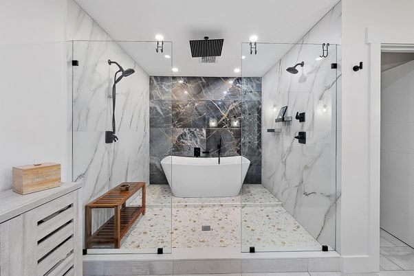Bathroom, Free Standing Baths, Glass Shower, Interior, Marble Walls, Recessed Lighting