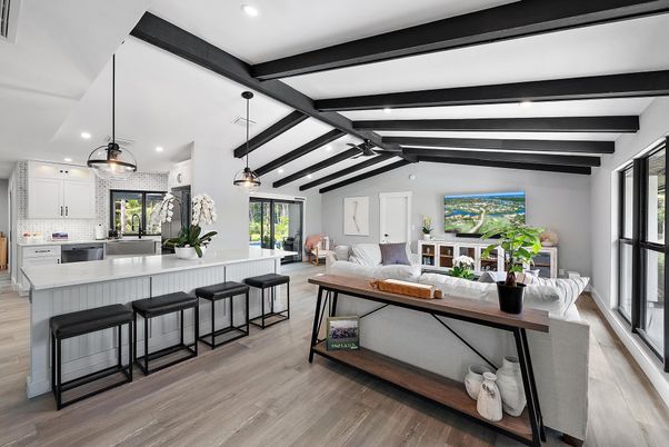 Interior, Kitchen, Living room, Pendant Lights, Recessed Lighting, Wooden Beams, Wood Texture Flooring