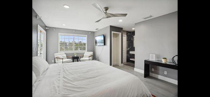 Bedroom, Interior, Recessed Lighting, Wood Texture Flooring