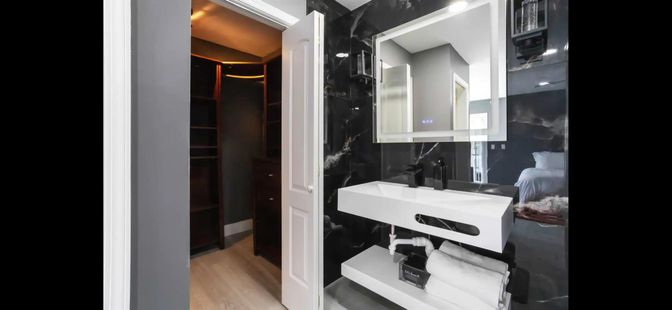 Bathroom, Interior, Recessed Lighting, Wood Texture Flooring