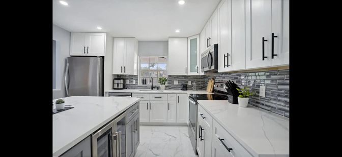 Interior, Kitchen, Marble, Recessed Lighting, Stainless Steel Appliances