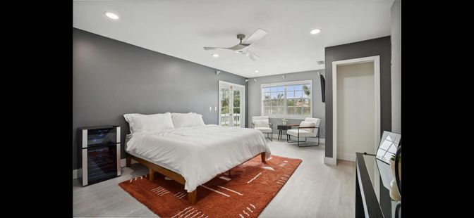 Bedroom, Interior, Recessed Lighting, Wood Texture Flooring