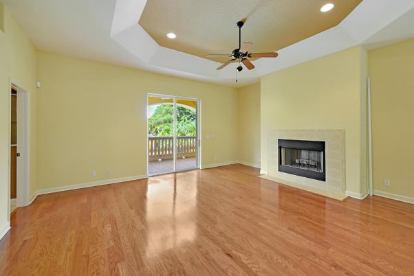 Empty room, Fireplace, Interior, Recessed Lighting, Wood Texture Flooring
