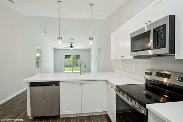 Interior, Kitchen, Pendant Lights, Stainless Steel Appliances, Wood Texture Flooring