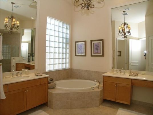 Bathroom, Chandelier, Dual Sink Vanities, Interior, Recessed Lighting