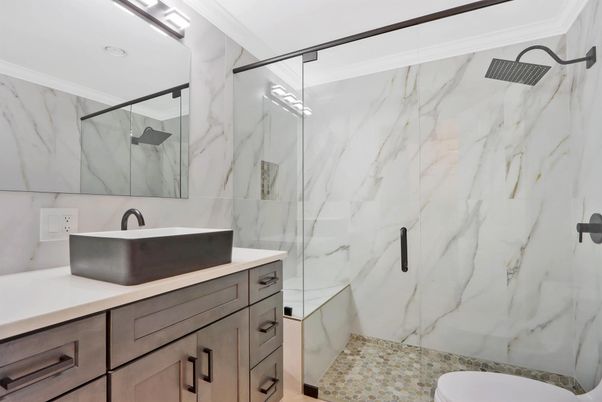 Bathroom, Glass Shower, Interior, Marble Walls, Recessed Lighting