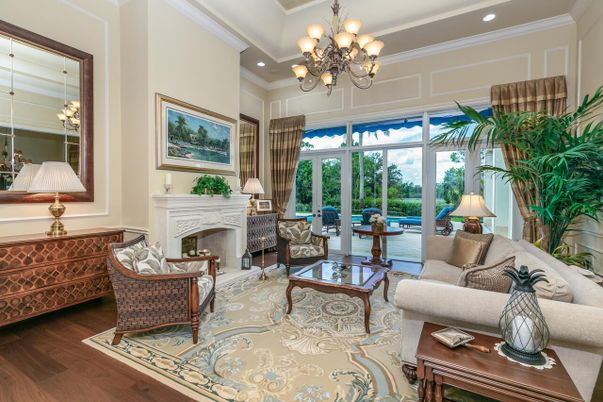 Chandelier, Fireplace, Interior, Living room, Recessed Lighting, Wood Texture Flooring