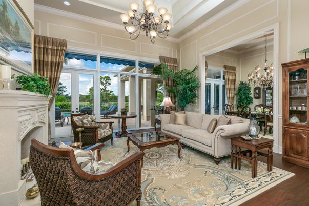 Chandelier, Fireplace, Interior, Living room, Recessed Lighting, Wood Texture Flooring