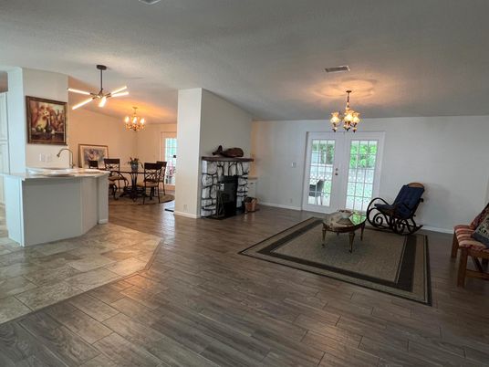 Chandelier, Dining room, Interior, Wood Texture Flooring