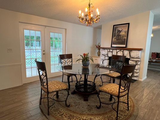 Chandelier, Dining room, Interior, Wood Texture Flooring
