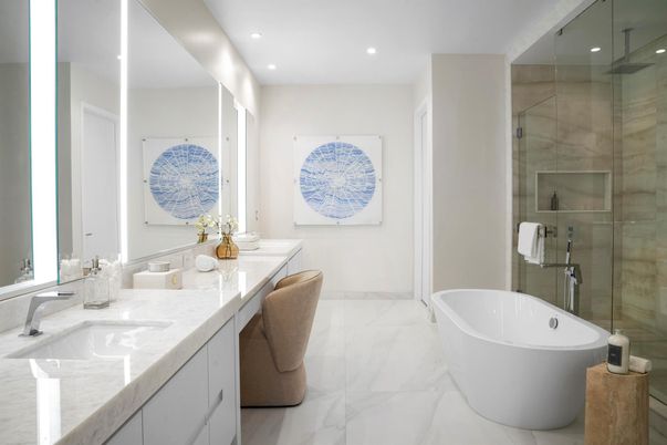 Bathroom, Dual Sink Vanities, Free Standing Baths, Glass Shower, Interior, Marble, Recessed Lighting