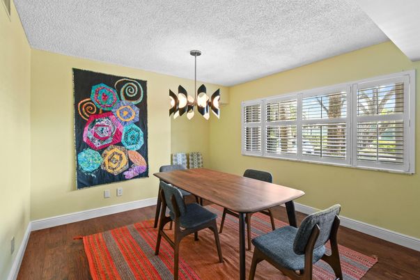 Dining room, Interior, Pendant Lights, Wood Texture Flooring