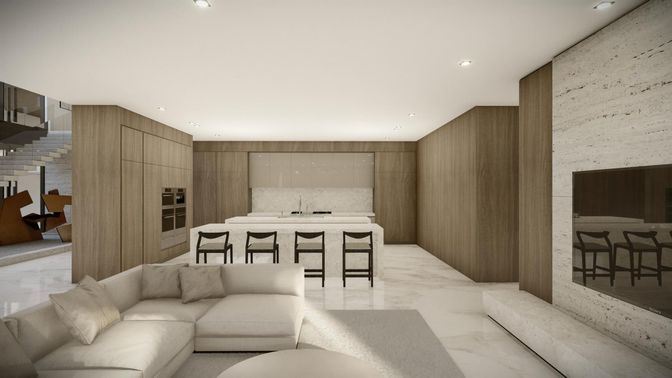 Interior, Kitchen, Living room, Marble, Recessed Lighting, Stainless Steel Appliances