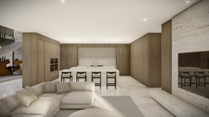 Interior, Kitchen, Living room, Marble, Recessed Lighting, Stone Walls