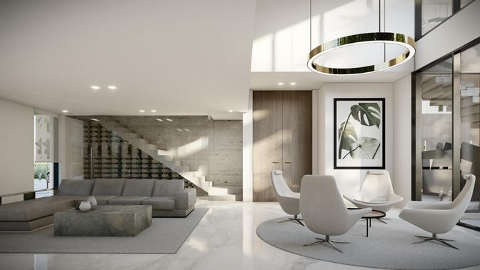 Interior, Living room, Marble, Pendant Lights, Recessed Lighting