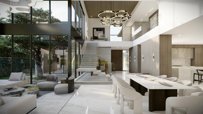 Dining room, Interior, Living room, Marble, Pendant Lights, Recessed Lighting