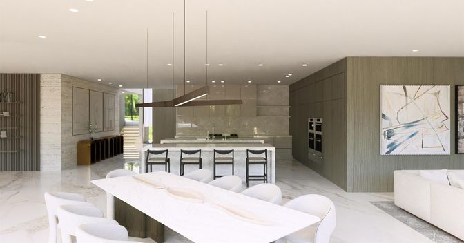 Interior, Kitchen, Marble, Pendant Lights, Recessed Lighting, Stainless Steel Appliances