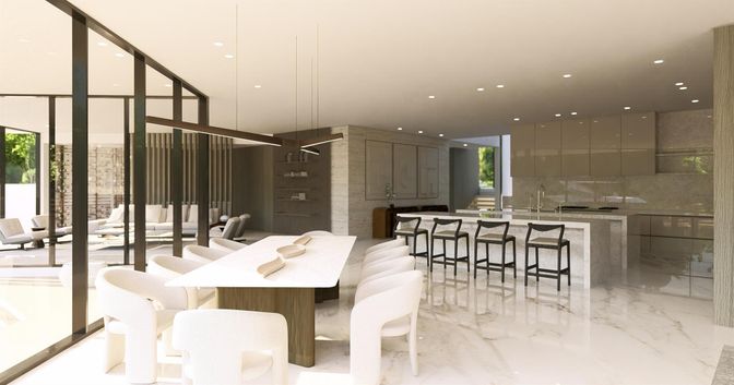 Dining room, Interior, Kitchen, Marble, Pendant Lights, Recessed Lighting