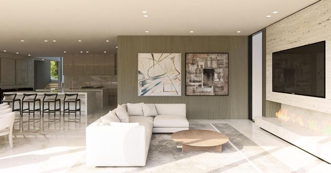 Fireplace, Interior, Kitchen, Living room, Recessed Lighting