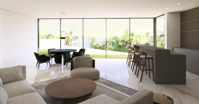 Dining room, Interior, Marble, Recessed Lighting, Water