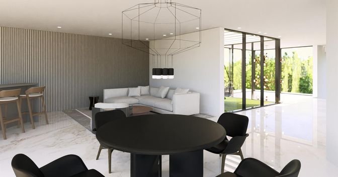 Interior, Living room, Marble, Pendant Lights, Recessed Lighting