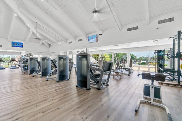 Fitness Equipment, Gym, Interior, Recessed Lighting, Wood Texture Flooring
