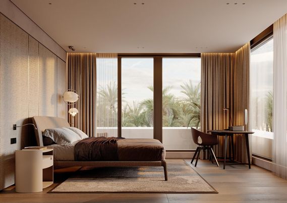 Bedroom, Interior, Recessed Lighting, Wood Texture Flooring