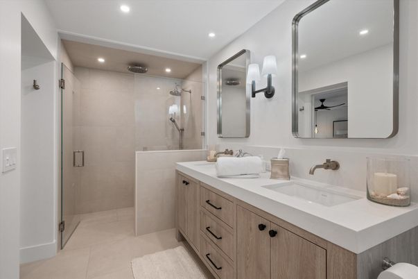 Bathroom, Dual Sink Vanities, Glass Shower, Interior, Recessed Lighting