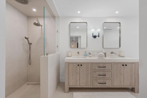Bathroom, Dual Sink Vanities, Glass Shower, Interior, Recessed Lighting