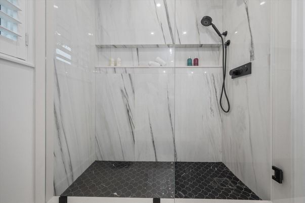 Bathroom, Glass Shower, Interior, Marble Walls, Recessed Lighting
