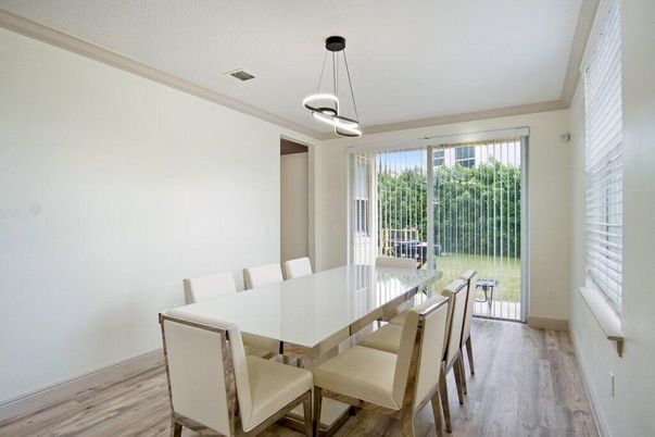 Dining room, Interior, Pendant Lights, Wood Texture Flooring