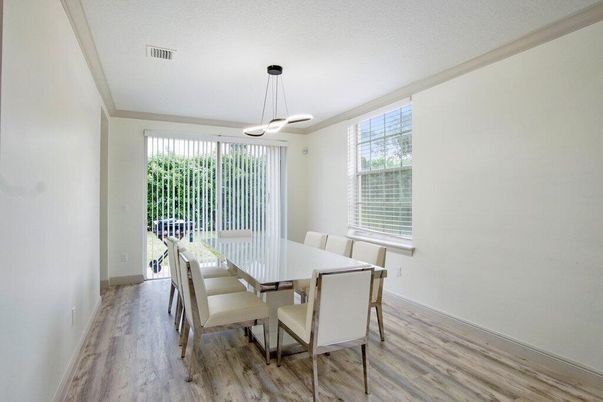 Dining room, Interior, Pendant Lights, Wood Texture Flooring