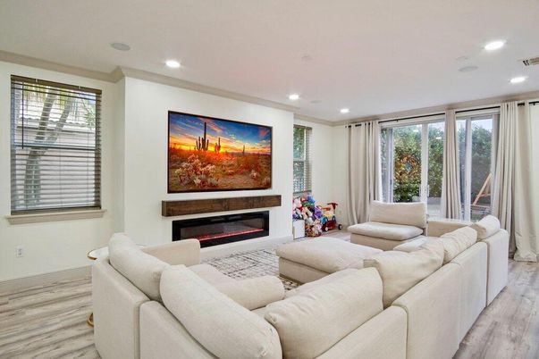 Fireplace, Interior, Living room, Recessed Lighting, Wood Texture Flooring