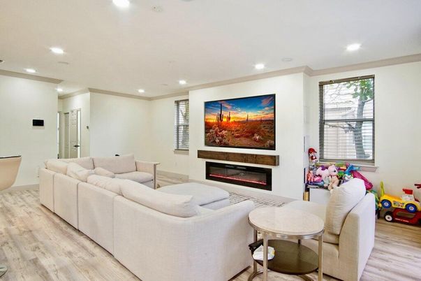 Fireplace, Interior, Living room, Recessed Lighting, Wood Texture Flooring