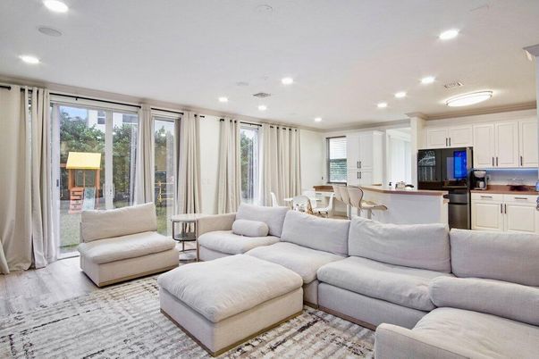 Dining room, Interior, Kitchen, Living room, Recessed Lighting, Wood Texture Flooring