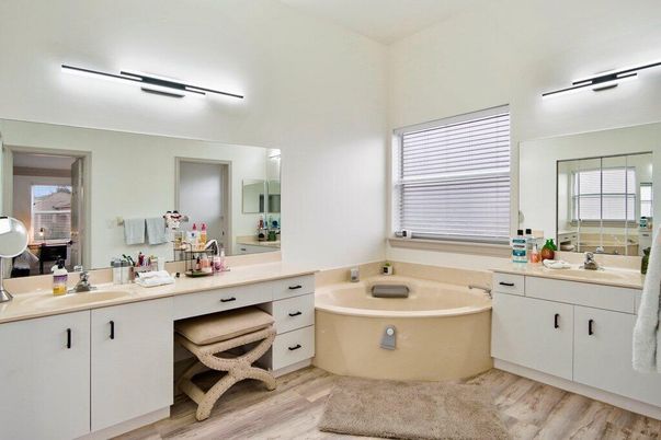 Bathroom, Dual Sink Vanities, Free Standing Baths, Interior, Wood Texture Flooring